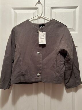 Zara Cropped Button Front Jacket - Charcoal Gray linen like fabric girls 11-12